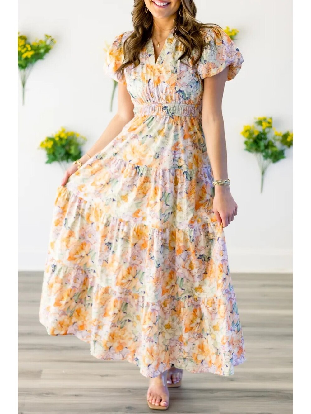 Women's Floral Puff Sleeve Maxi Dress with Smocked Waist